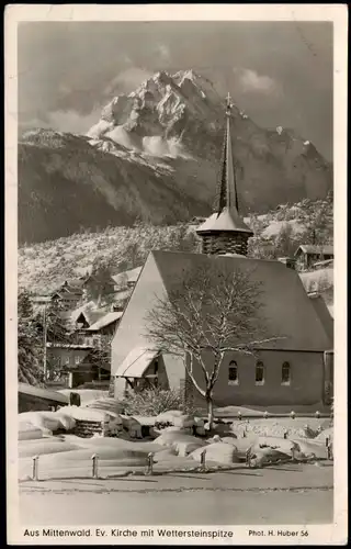 Mittenwald Panorama-Ansicht, Ev. Kirche mit Wettersteinspitze 1952