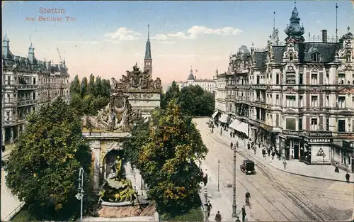 Postcard Stettin Szczecin Berliner Tor, Geschäfte - Straßenpartie 1933