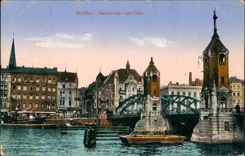 Postcard Stettin Szczecin Hansabrücke und Oder. 1916  gel. Feldpoststempel