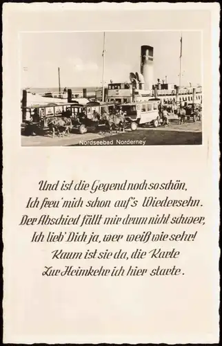 Ansichtskarte Norderney Hafen, Dampfer - Pferdeomnibus 1956