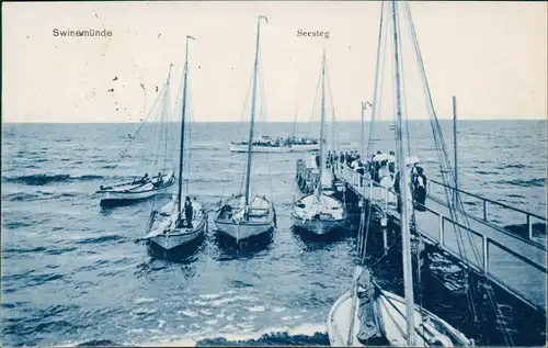 Postcard Swinemünde Świnoujście Seesteg, Fischerboote 1911  gel. Bahnpoststempel