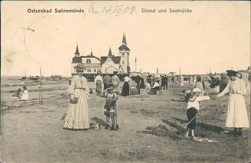 Postcard Swinemünde Świnoujście Strand und Seebrücke - Pommern 1909