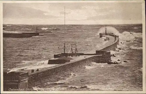 Postcard Stolpmünde Ustka Mole bei Sturm 1928