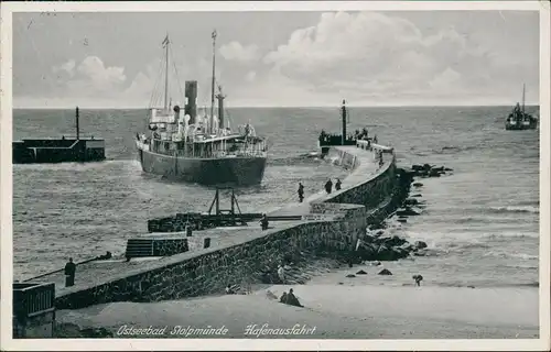 Postcard Stolpmünde Ustka Hafenausfahrt, Dampfer - Pommern 1937