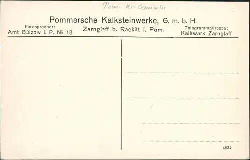 Zarnglaff b. Rackitt Gülzow Kalksteinwerke Pommern b. Cammin 1912
