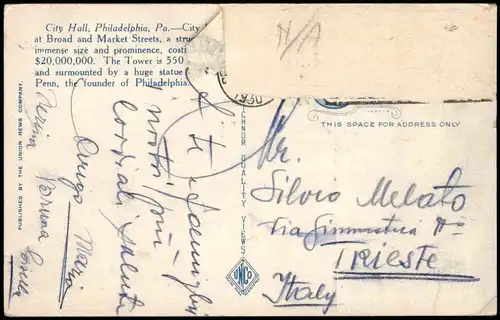 Postcard Philadelphia CITY HALL, PHILADELPHIA, PA. 1920