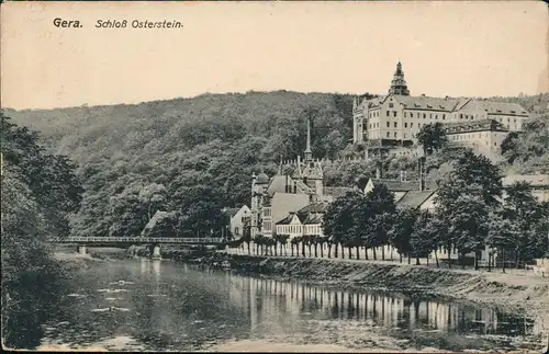 Ansichtskarte Gera Schloss Osterstein, Flußpartie 1918