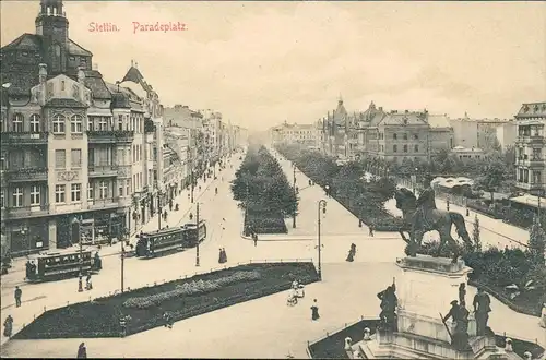 Postcard Stettin Szczecin Paradeplatz, Straßenbahn - Geschäfte 1912