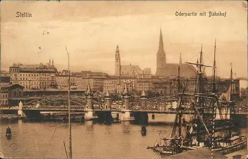 Postcard Stettin Szczecin Oderpartie mit Bahnhof, Pommern 1913