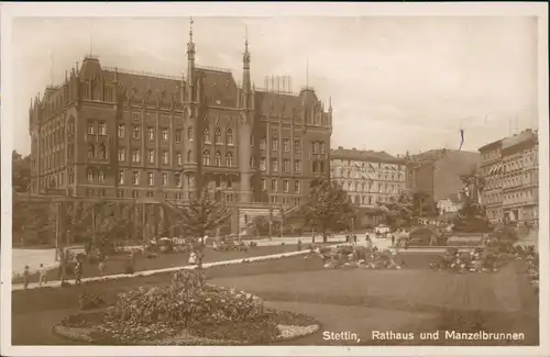 Postcard Stettin Szczecin Rathaus und Manzelbrunnen - Fotokarte 1932
