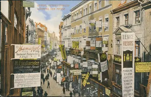 Ansichtskarte Leipzig Petersstrasse Messe Geschäfte 1913
