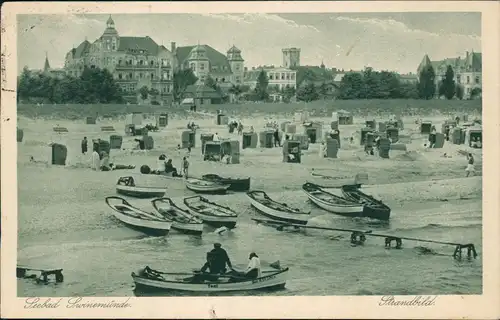 Postcard Swinemünde Świnoujście Strandleben - Boote, Hotels 1925