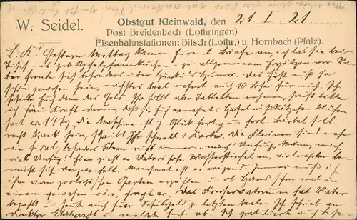 Bitsch Bitche Werbekarte Obstgut Kleinwald Breidenbach Lothringen 1921