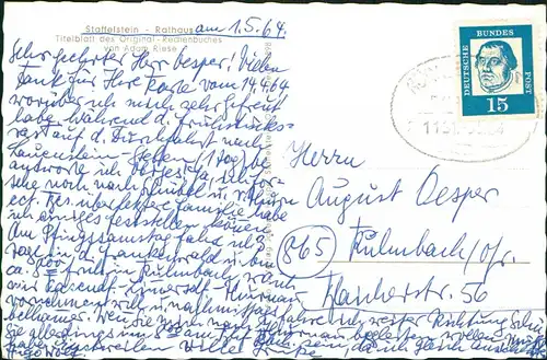 Ansichtskarte Bad Staffelstein Rathaus, Urkunde 1964  gel. Bahnpoststempel