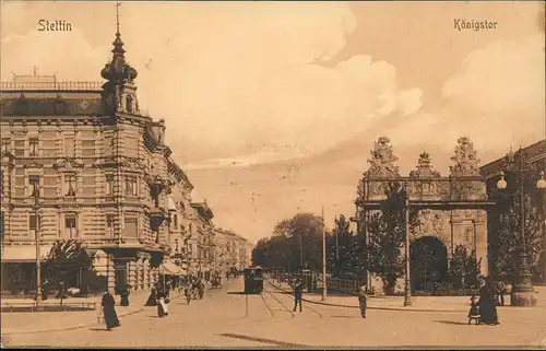 Postcard Stettin Szczecin Königstor, Straße u. Straßenbahn 1915