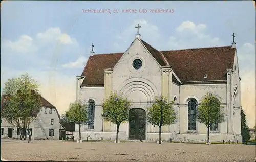 Tempelburg (Pommern) Czaplinek Ec. Kirche und Pfarrhaus, Pommern 1911