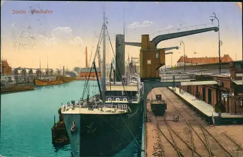 Postcard Stettin Szczecin Freihafen, Anlagen, Schiff - Kran 1916