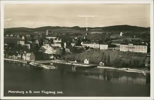 Ansichtskarte Meersburg Luftbild Pension Schützen u. Hafen 1930