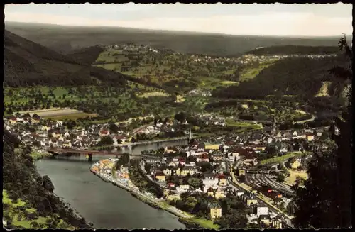 Ansichtskarte Neckargemünd Blick auf die Stadt, Color-Fotokarte 1952