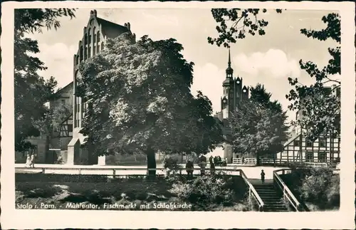 Stolp Słupsk Pommern Mühlentor, Fischmarkt mit Schloßkirche 1932