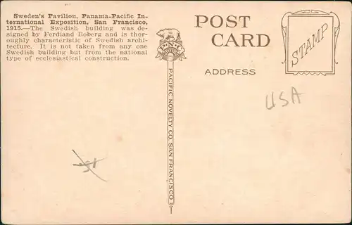 Postcard San Francisco Swedish Pavilion -Pan Pac.Int. Expo 1915