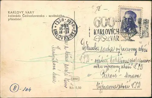 Postcard Karlsbad Karlovy Vary Sprudelkolonnade 1953