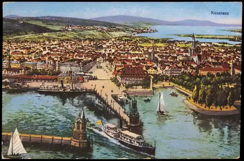 Ansichtskarte Konstanz Totale mit Hafen - Künstlerkarte 1927