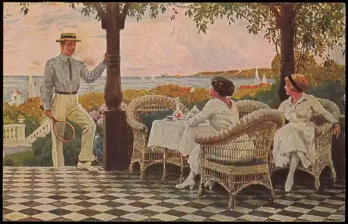 Tennisspieler, Frauen auf Terrasse Künstlerkarte 1918  gel. Deutsch-Österreich