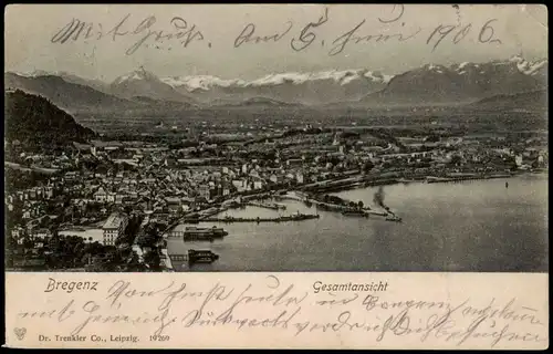 Ansichtskarte Bregenz Totale mit Alpen 1909