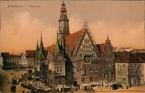 Postcard Breslau Wrocław Marktstände am Rathaus 1915  gel. Feldpoststempel