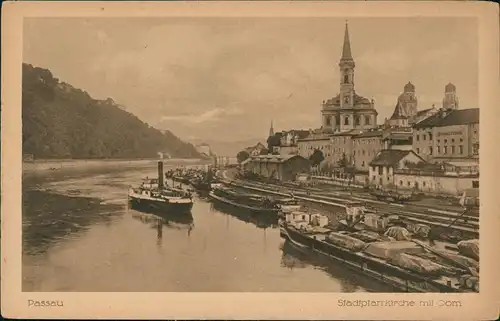 Ansichtskarte Passau Stadtpfarrkirche mit Dom, Dampfer 1926