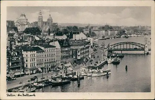 Postcard Stettin Szczecin Bollwerk, Brücke, Straße 1938