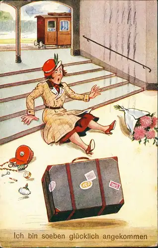 Ansichtskarte  Scherzkarte Frau Ich bin soeben glücklich angekommen 1933