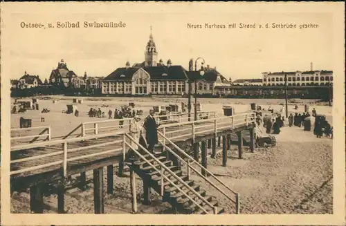 Swinemünde Świnoujście Neues Kurhaus mit Strand v. d. Seebrücke gesehen 1926