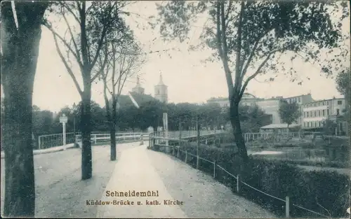 Schneidemühl Piła (miasto) Küddow-Brücke u. kath. Kirche, Pommern 1915  gel. Feldpost