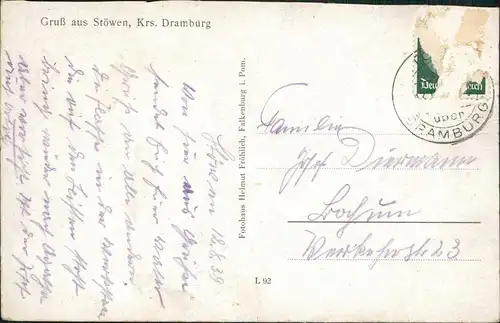 Postcard Stöwen Kr. Dramburg MB: Gasthof, Schule, See 1937
