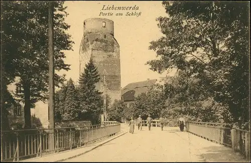Ansichtskarte Bad Liebenwerda Partie am Schloss, Brücke mit Menschen 1917
