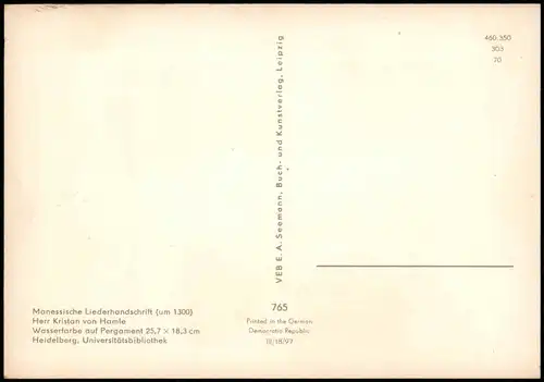 DDR Künstlerkarte: Manessische Liederhandschrift Herr Kristan von Hamle 1970