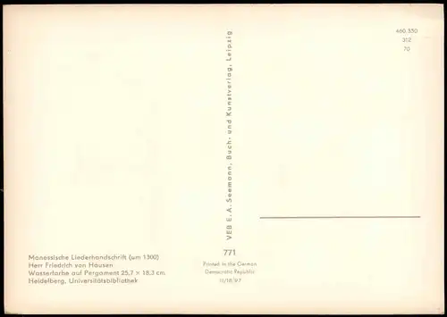 DDR Künstlerkarte: Manessische Liederhandschrift Herr Friedrich von Hausen 1970
