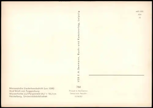 DDR Künstlerkarte Manessische Liederhandschrift  Graf Kraft von Toggenburg 1970