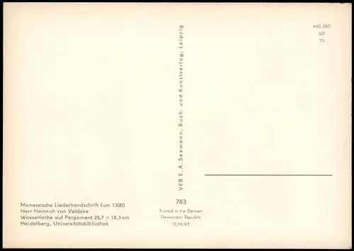 DDR Künstlerkarte Manessische Liederhandschrift  Herr Heinrich von Veldeke 1970