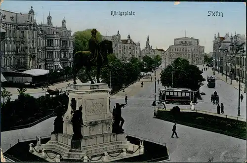 Postcard Stettin Szczecin Königsplatz, Restaurant u. Straßenbahn 1907