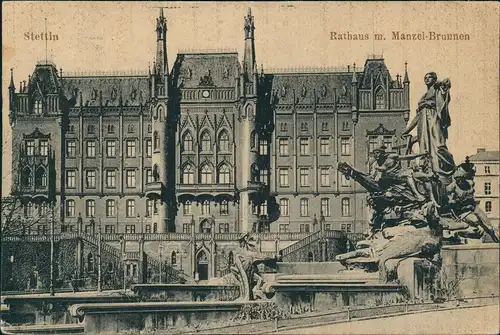 Postcard Stettin Szczecin Rathaus m. Manzel-Brunnen 1924