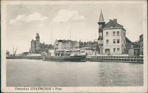 Postcard Stolpmünde Ustka Hafen, Stadt - Dampfer 1920