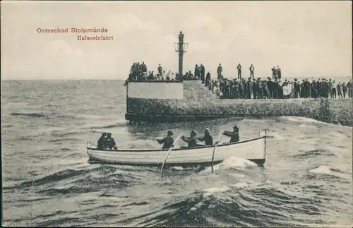 Postcard Stolpmünde Ustka Hafeneinfahrt, Boot 1914