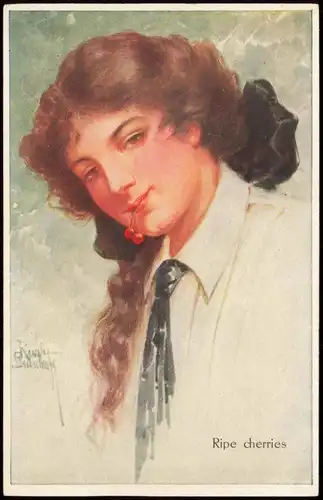 Künstlerkarte (Art Postcard): Frau mit Kirschen Ripe cherries 1920