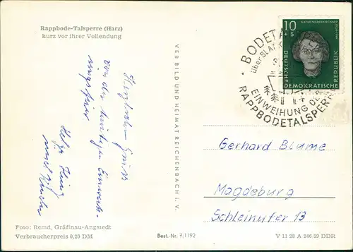 Oberharz am Brocken Rappbodetalsperre 1959 Sonderstempel zur Einweihung