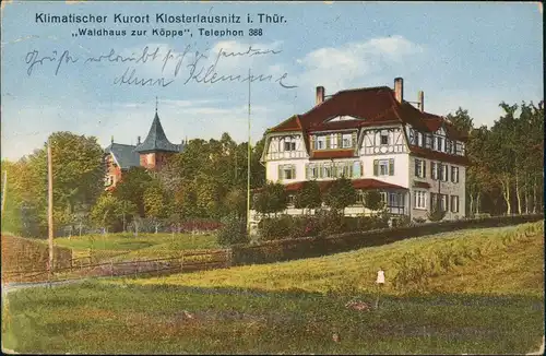 Klosterlausnitz Kurhotel Waldhaus zur Köppe 1923  Vorinfla 40 Mark gel Bahnpost