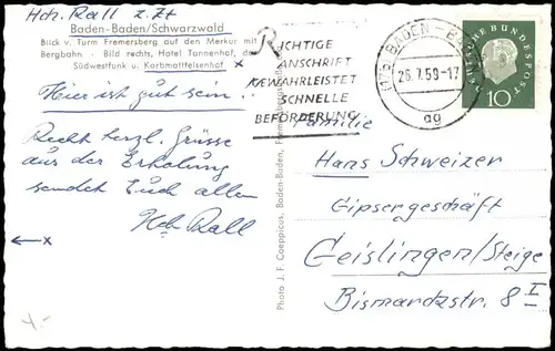 Ansichtskarte Baden-Baden Blick v. Turm Fremersberg auf den Merkur 1959