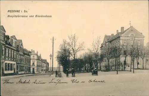 Ansichtskarte Meerane Hospitalstrasse und Krankenhaus 1909
